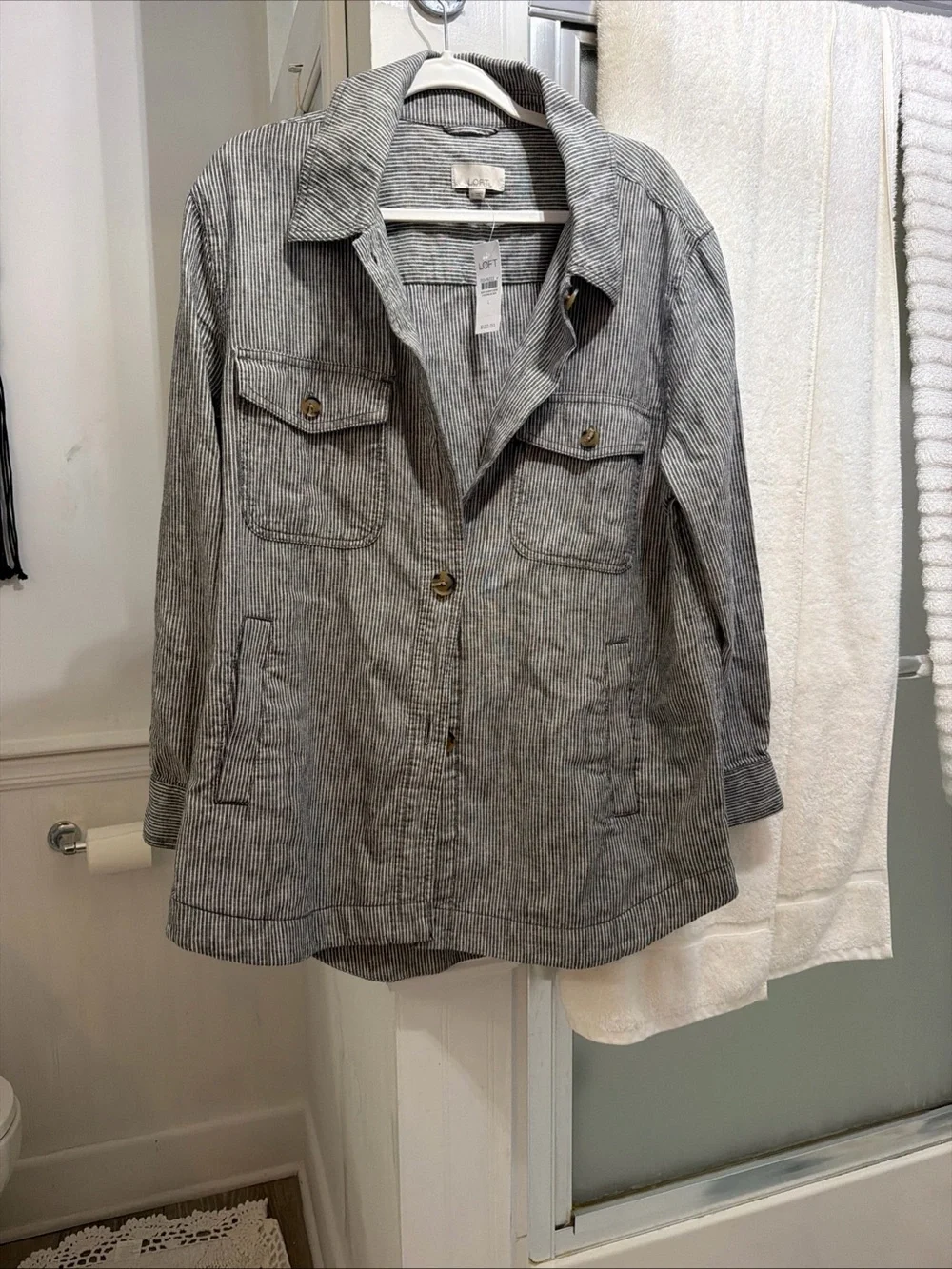 LOFT Gray Pinstripe Utility Jacket with Button Front